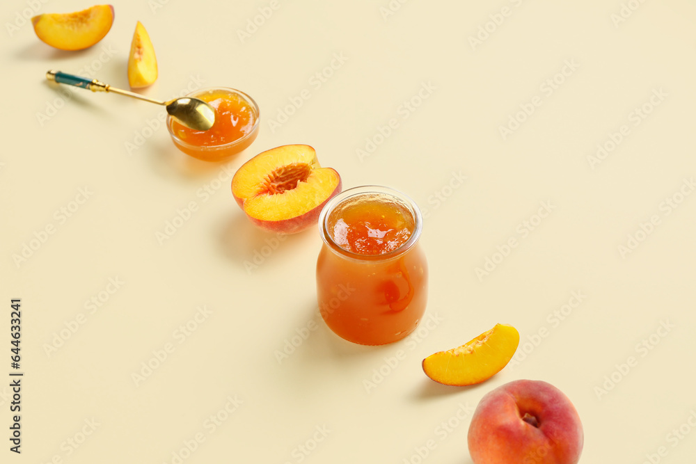 Composition with tasty peach jam and fresh fruits on color background