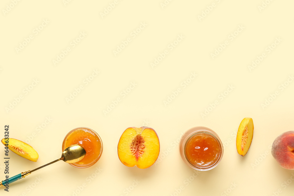 Composition with tasty peach jam and fresh fruits on color background