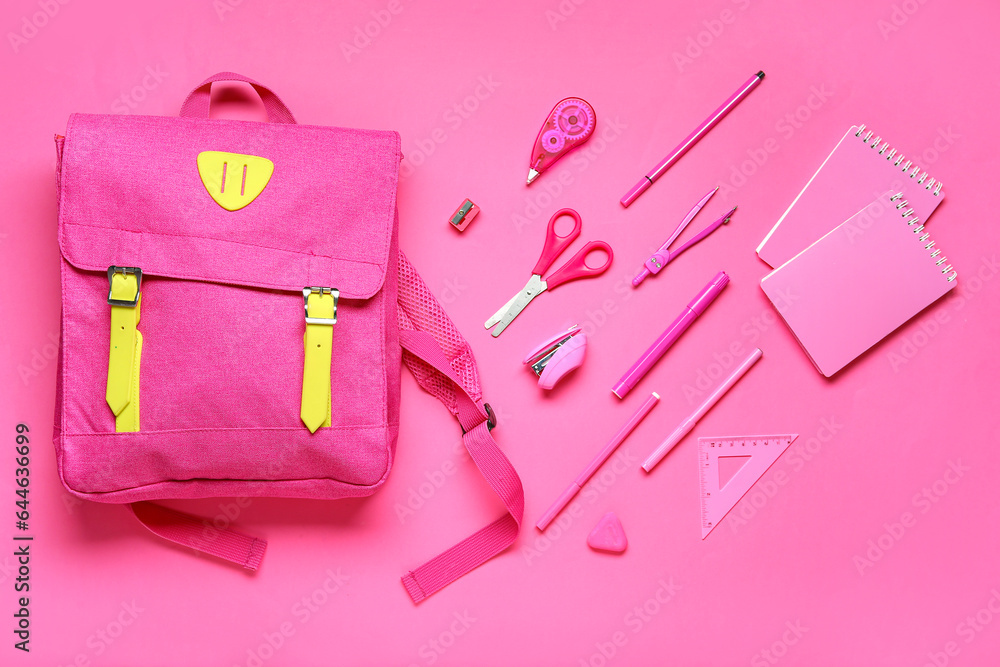 Composition with different stationery and stylish school backpack on pink background