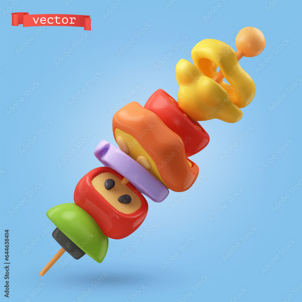 Pieces of vegetables and fruits on a skewer 3d cartoon vector icon