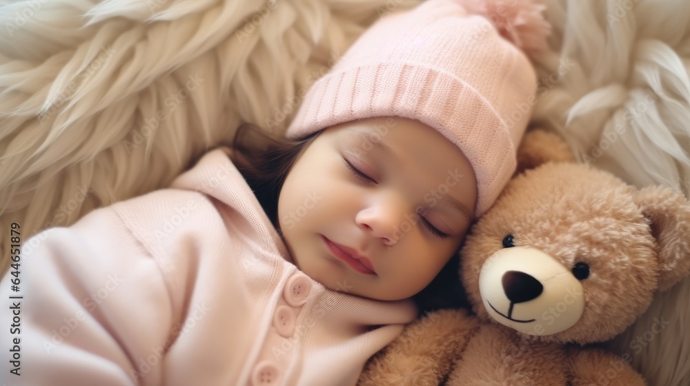 Newborn baby girl with a teddy bear, Cute baby.