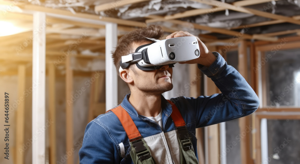 Construction worker wearing virtual reality goggles during analyzing building structure at the const