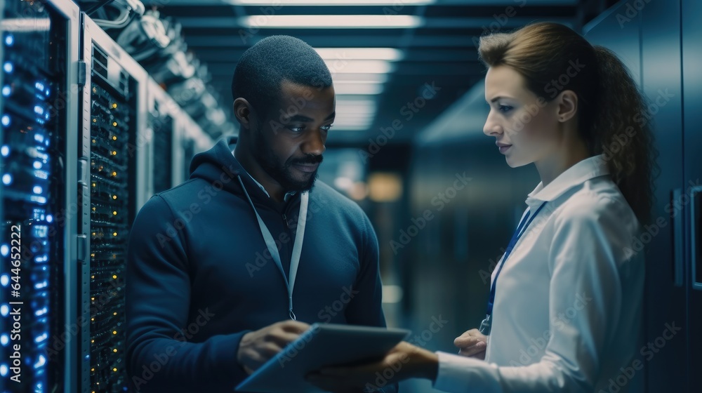 IT Technician works on laptop computer and woman colleague in data center while working next to serv