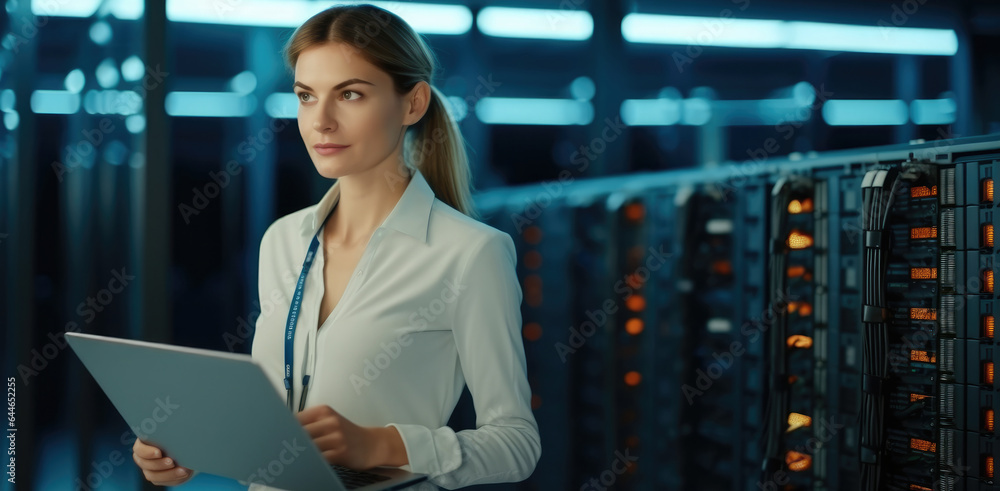 Female IT Technician working and inspecting working server cabinets in data center.