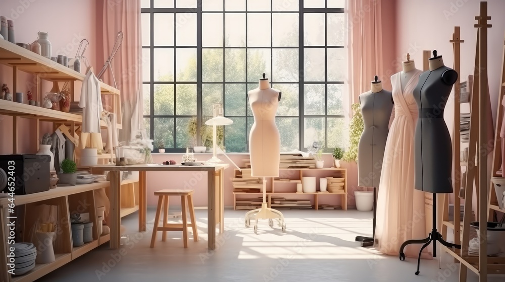 Dummy mannequin with fashion dress in the tailor shop, design, Dressmaking concept.