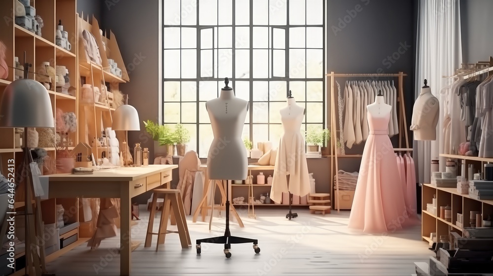 Dummy mannequin with fashion dress in the tailor shop, design, Dressmaking concept.