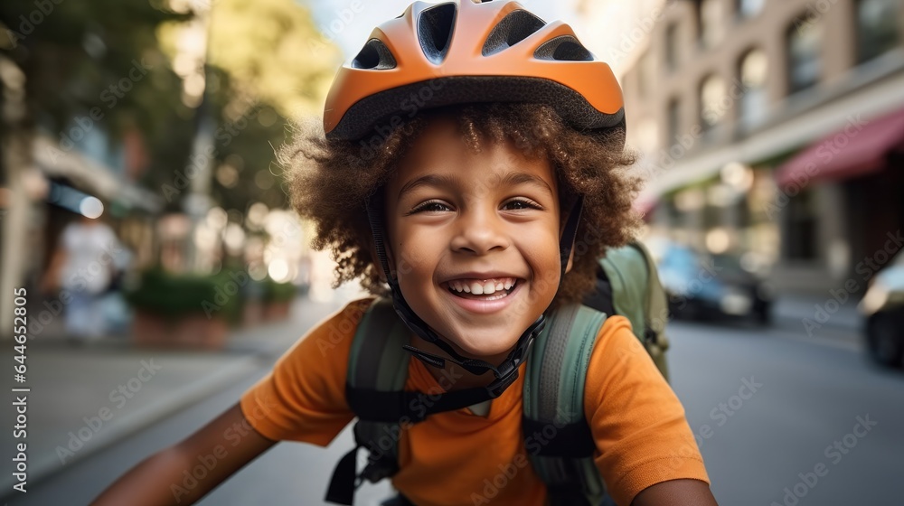 Cheerful happy kid on bicycle riding to school at city, Having fun.