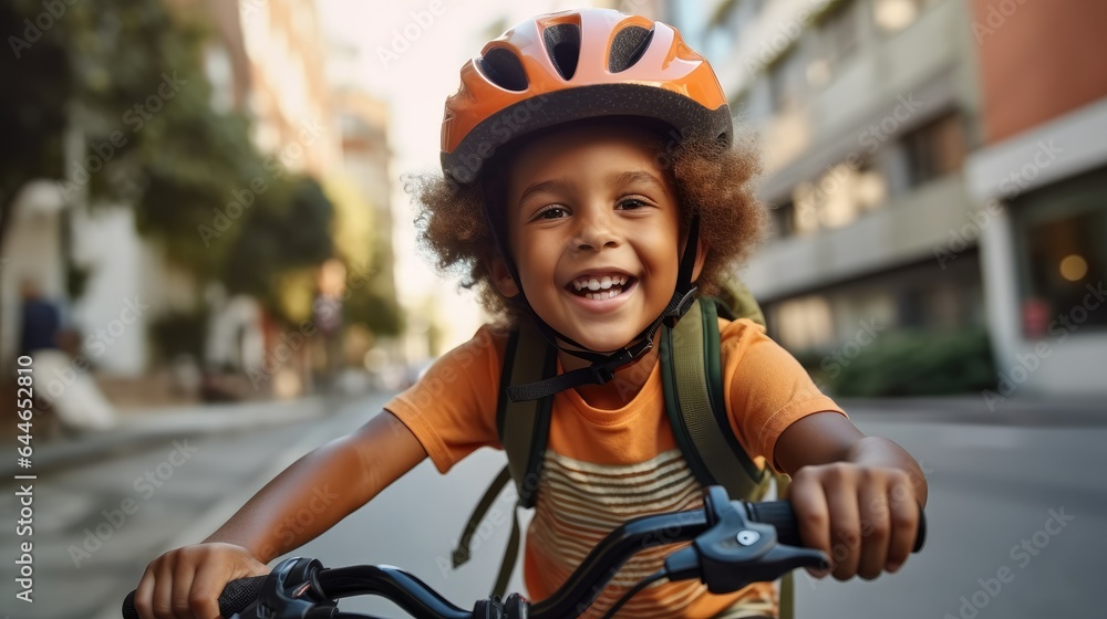 Cheerful happy kid on bicycle riding to school at city, Having fun.