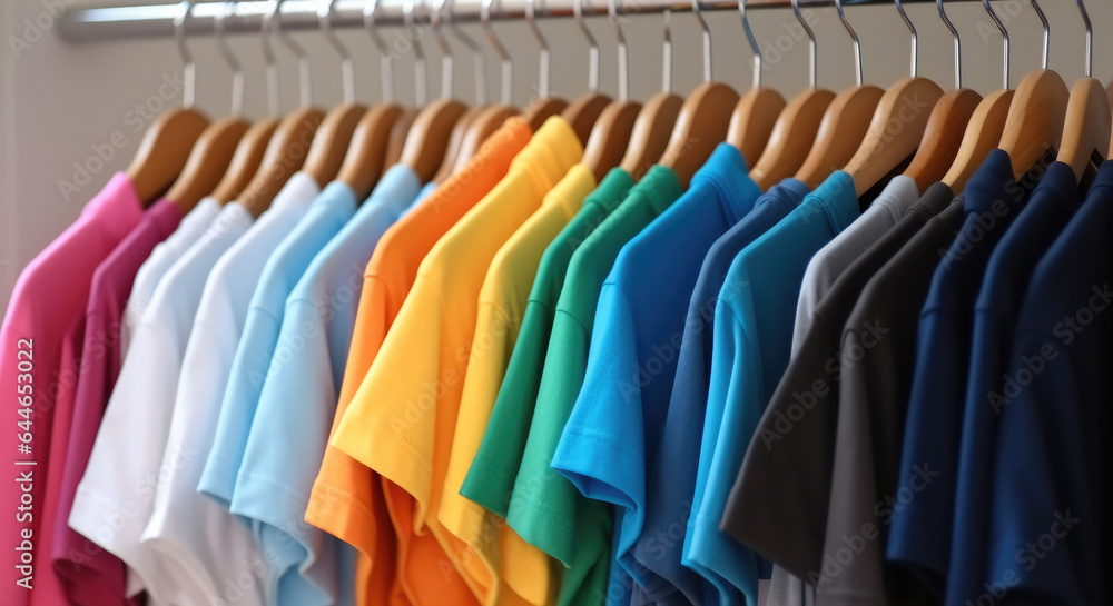 Colorful t-shirts on hangers, Apparel cloth background.