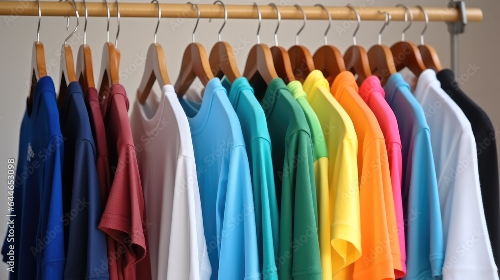 Multi-colored polo shirts hanging on a rack in a store.