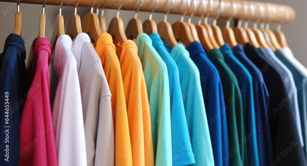 Multi-colored polo shirts hanging on a rack in a store.