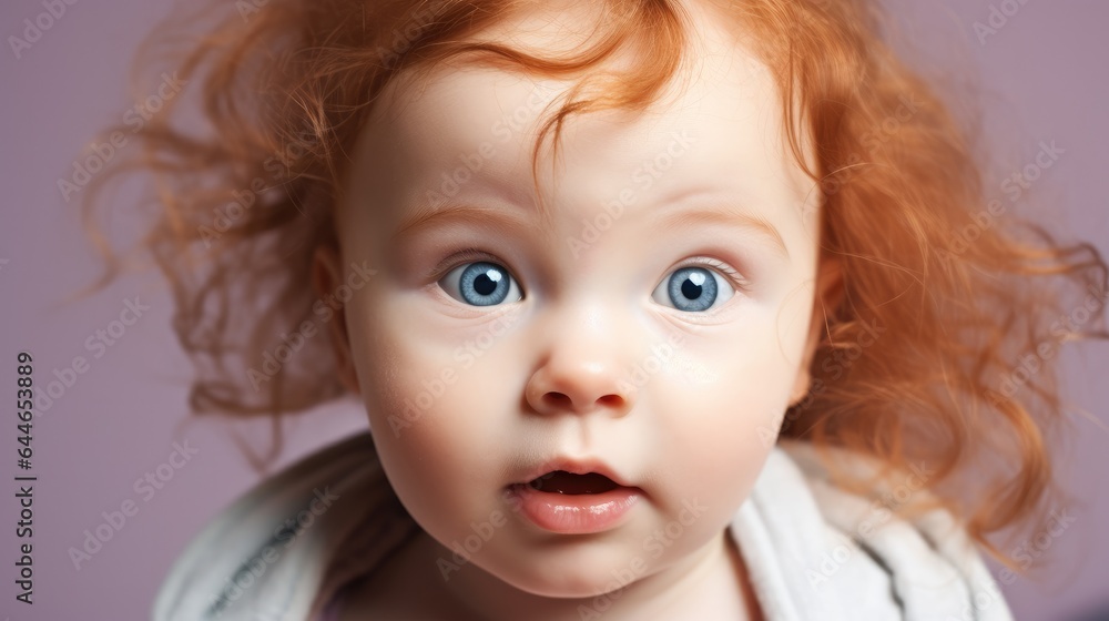 Portrait of innocent redhead cute baby girl with blue eyes.