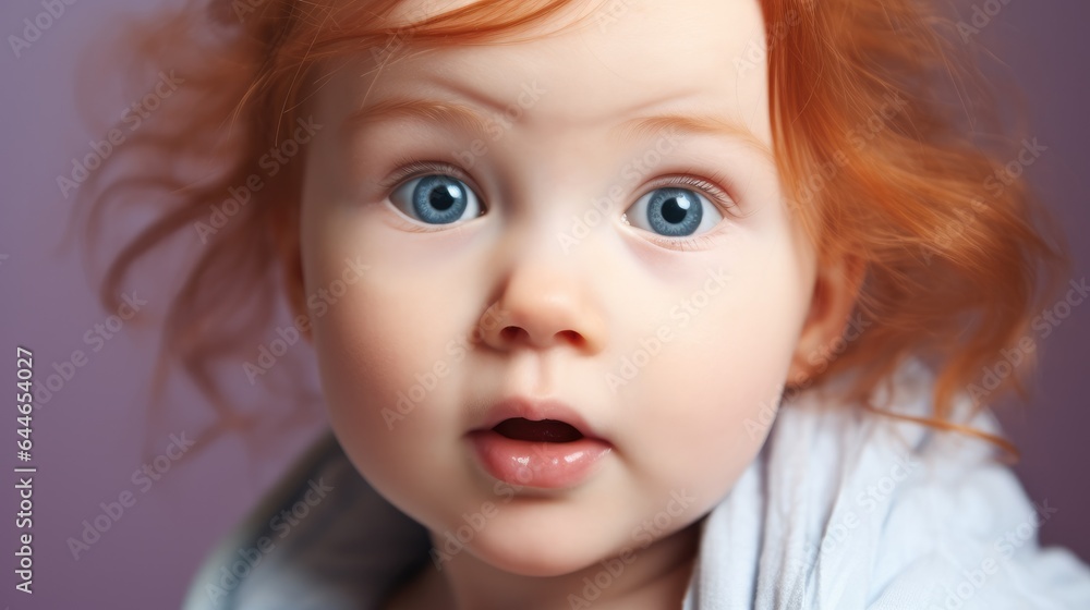 Portrait of innocent redhead cute baby girl with blue eyes.