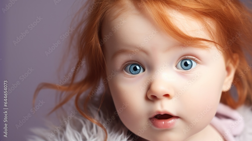 Portrait of innocent redhead cute baby girl with blue eyes.