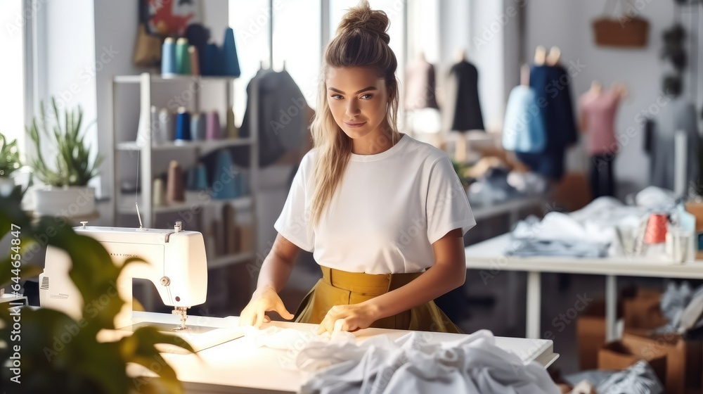 Beautiful female design professional working at workbench in studio.