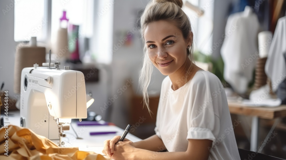 Beautiful female design professional working at workbench in studio.