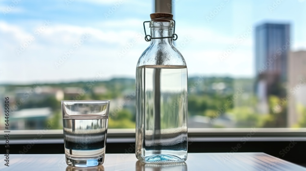 Glass of water with a bottle on table in the living room at home. Healthy lifestyle and stay hydrate