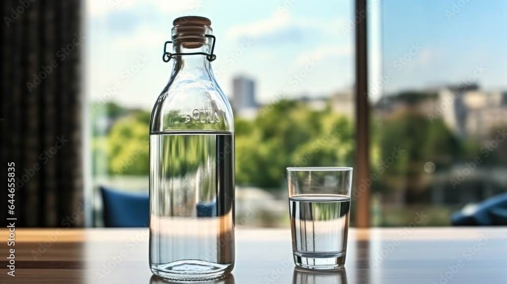 Glass of water with a bottle on table in the living room at home. Healthy lifestyle and stay hydrate