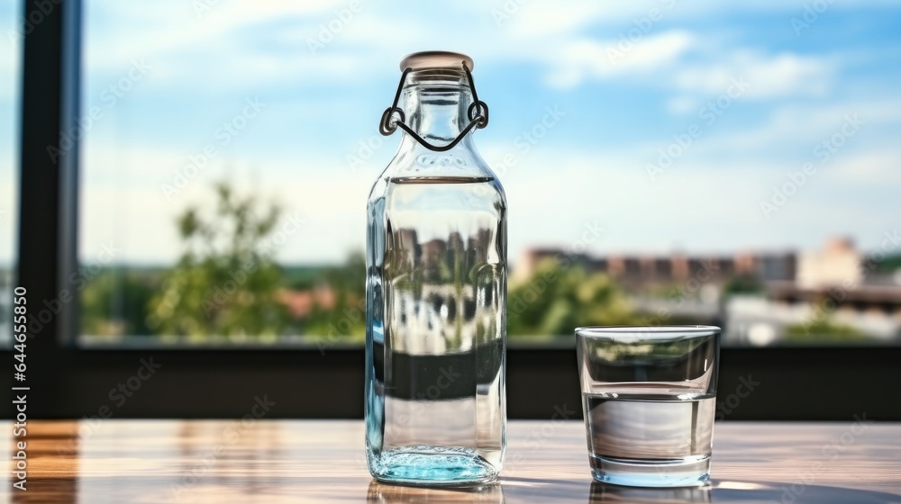 Glass of water with a bottle on table in the living room at home. Healthy lifestyle and stay hydrate