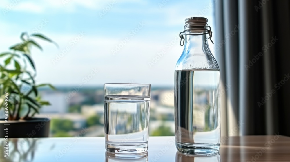 Glass of water with a bottle on table in the living room at home. Healthy lifestyle and stay hydrate