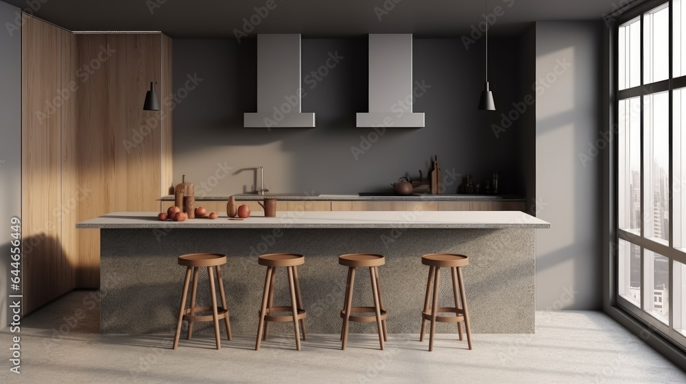 Dining area with long table in modern kitchen.