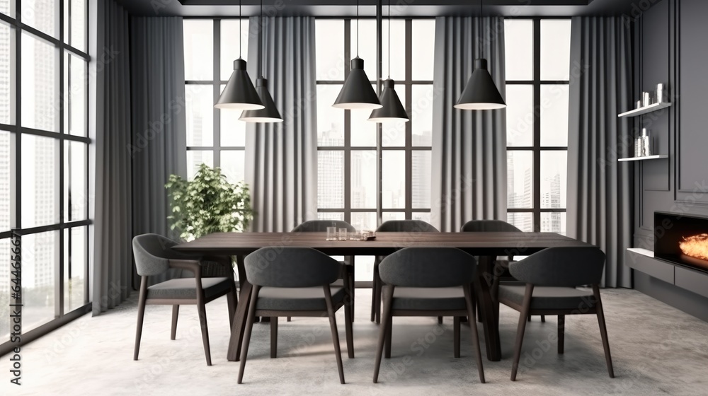 Kitchen interior with dining table in modern house.