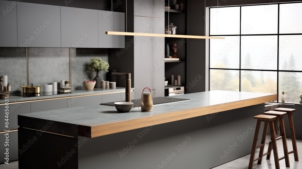 Kitchen interior with bar countertop and cooking zone in modern house.