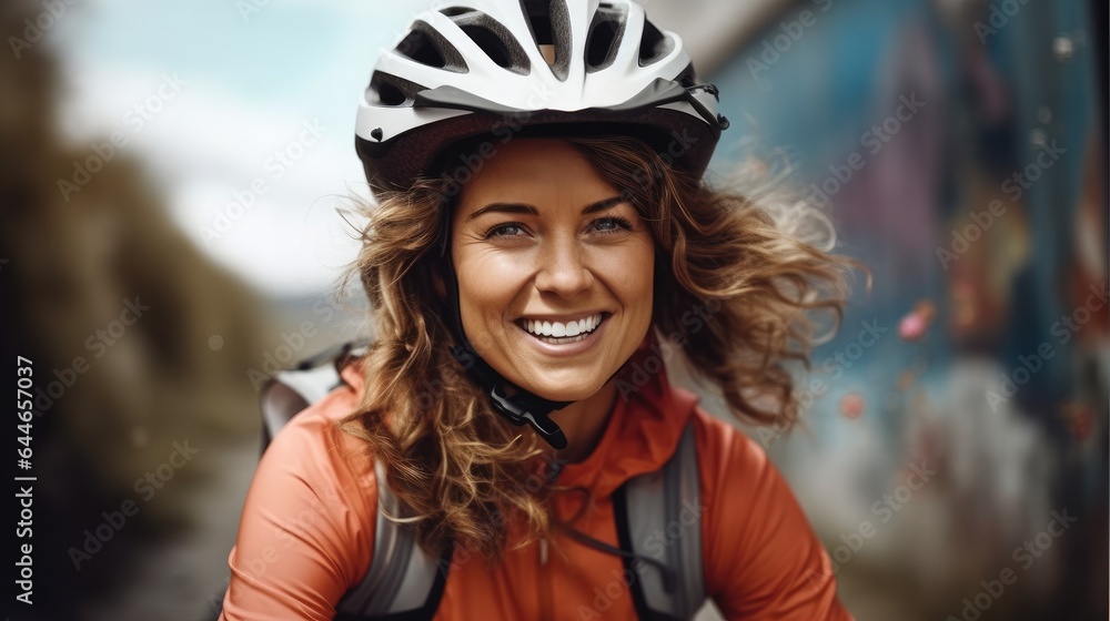 Happy beautiful woman in protective helmet riding bike exploring at city.