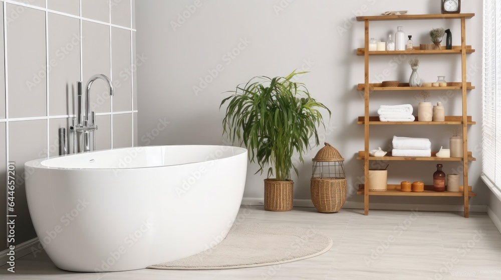 Modern bathroom with bathtub, Shelving unit and houseplant with folding screen.