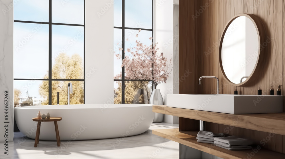 Wash basin and tub in modern Bathroom.