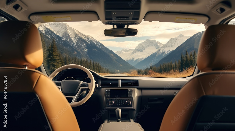 Interior of electric vehicle passenger seat with mountain view, Modern interior of car.