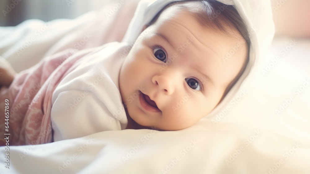 Newborn baby on bed.