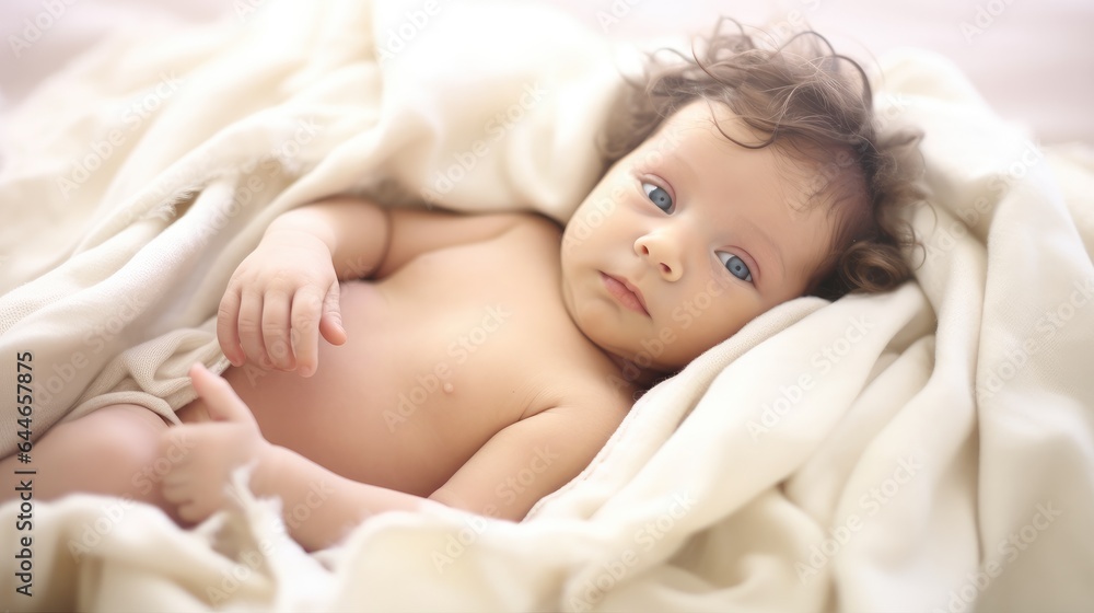 Newborn baby on bed.