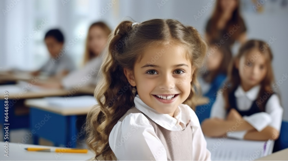 Little schoolgirl sitting at desk in classroom at the elementary school.