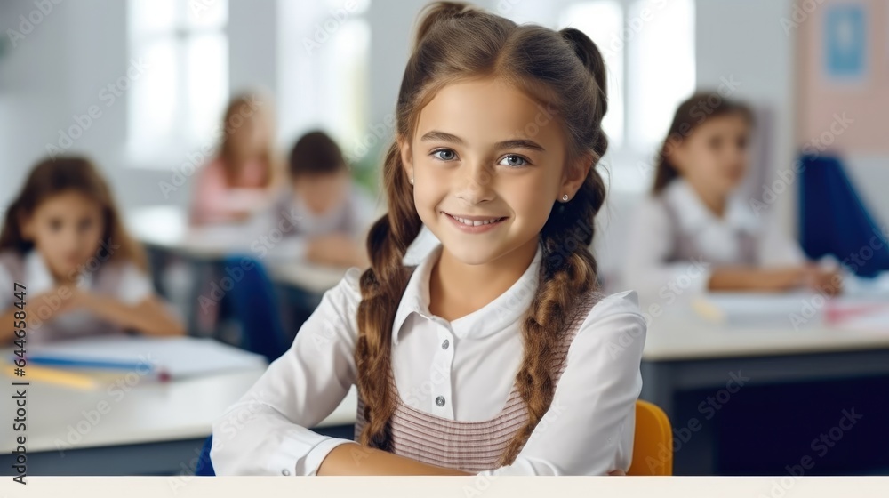 Little schoolgirl sitting at desk in classroom at the elementary school.