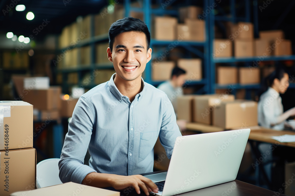 Asian male warehouse manager with laptop in distribution center. Storehouse package supervisor