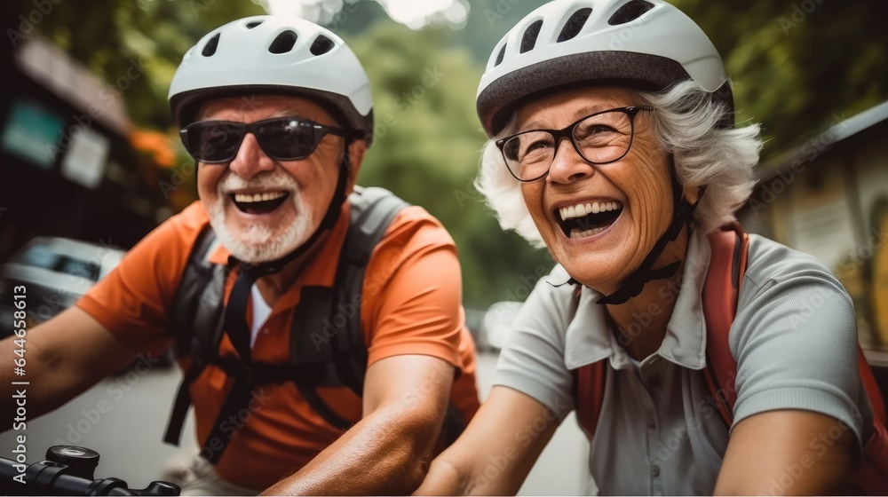 Happy retired people in protective helmets are riding bike together exploring city.