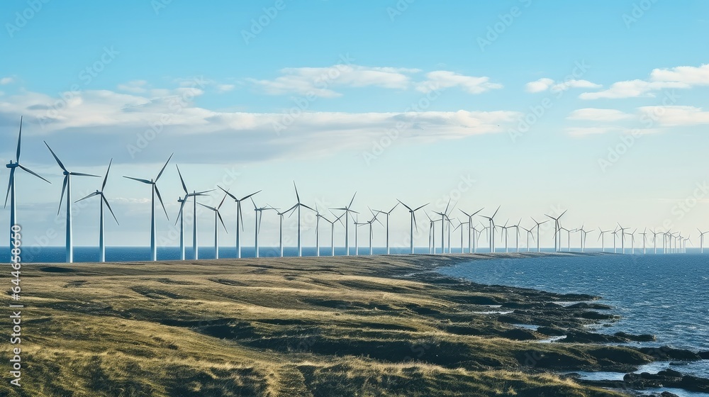 Wind mill farm in sea against blue sky, Renewable energy concept.