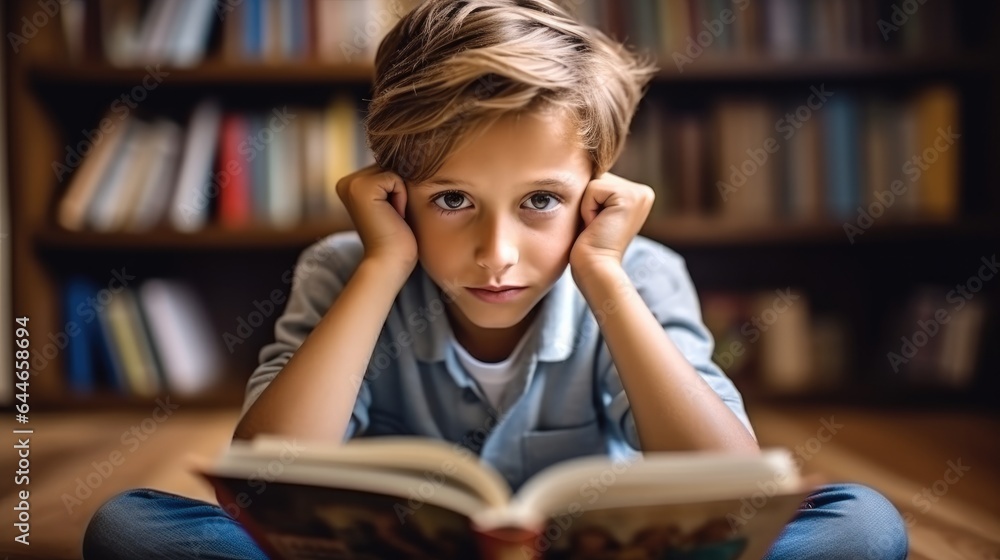 Sad boy with book sitting on floor, Worried young school boy studying at home, Child has struggling 