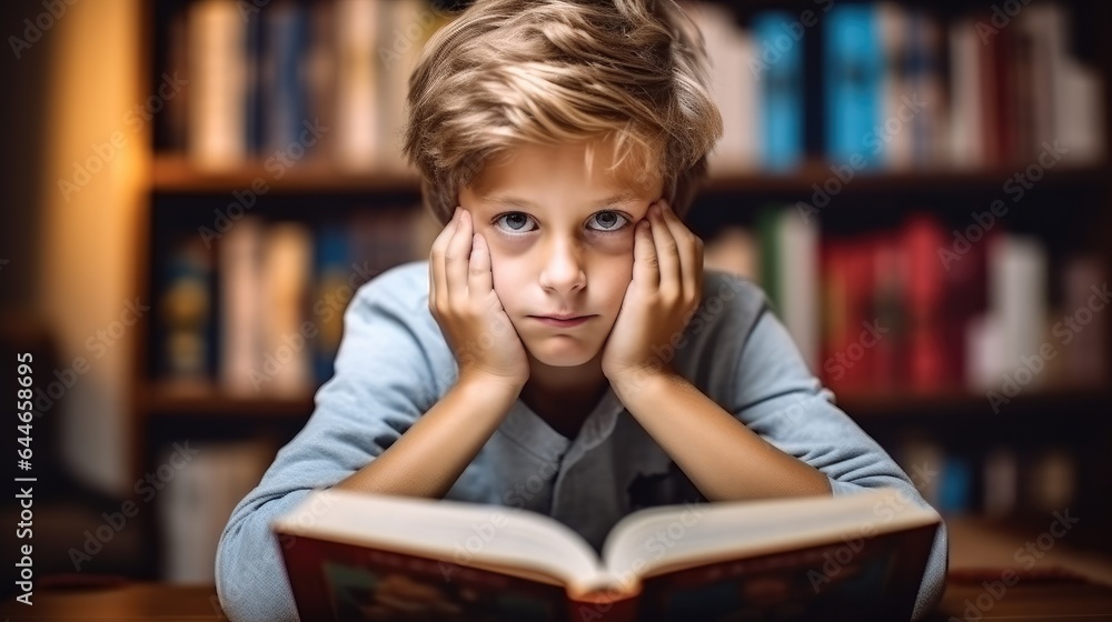 Sad boy with book sitting on floor, Worried young school boy studying at home, Child has struggling 