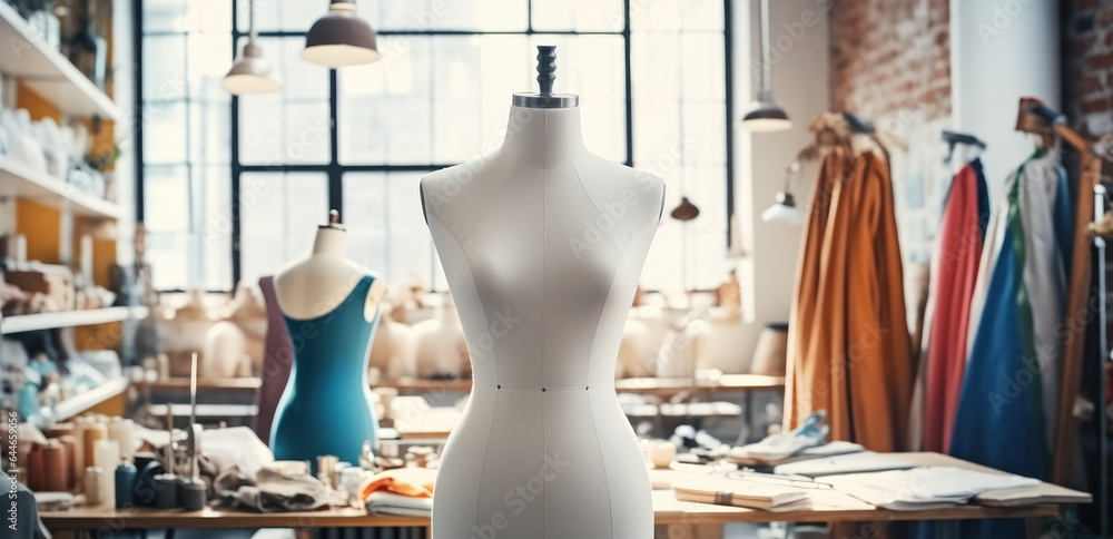 Dummy mannequin with fashion dress in the tailor shop, design, Dressmaking concept.