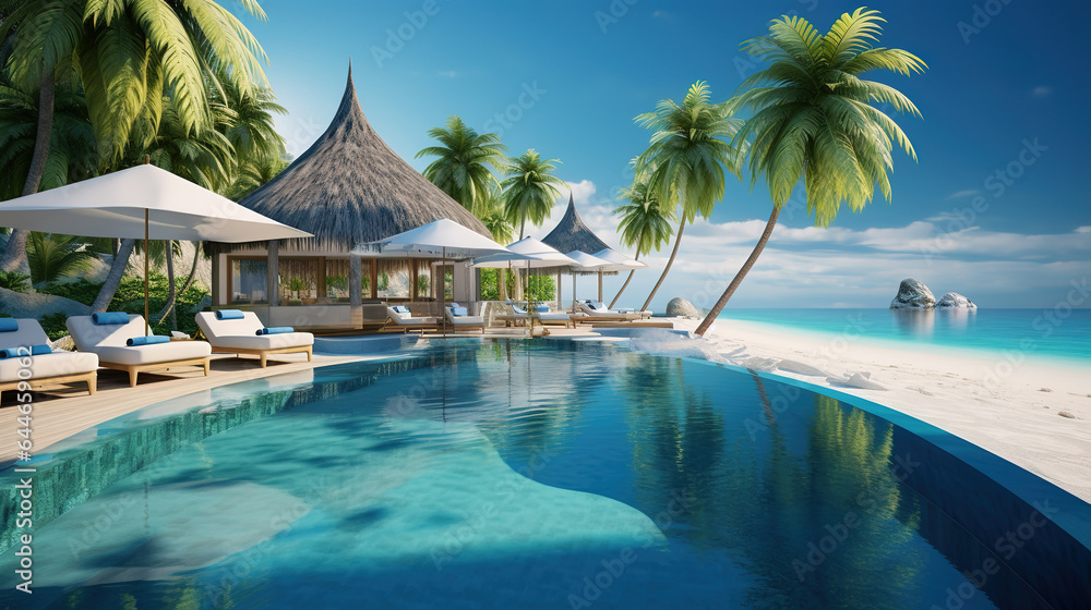 Luxury resort with swimming pool and loungers umbrellas. Sea in background