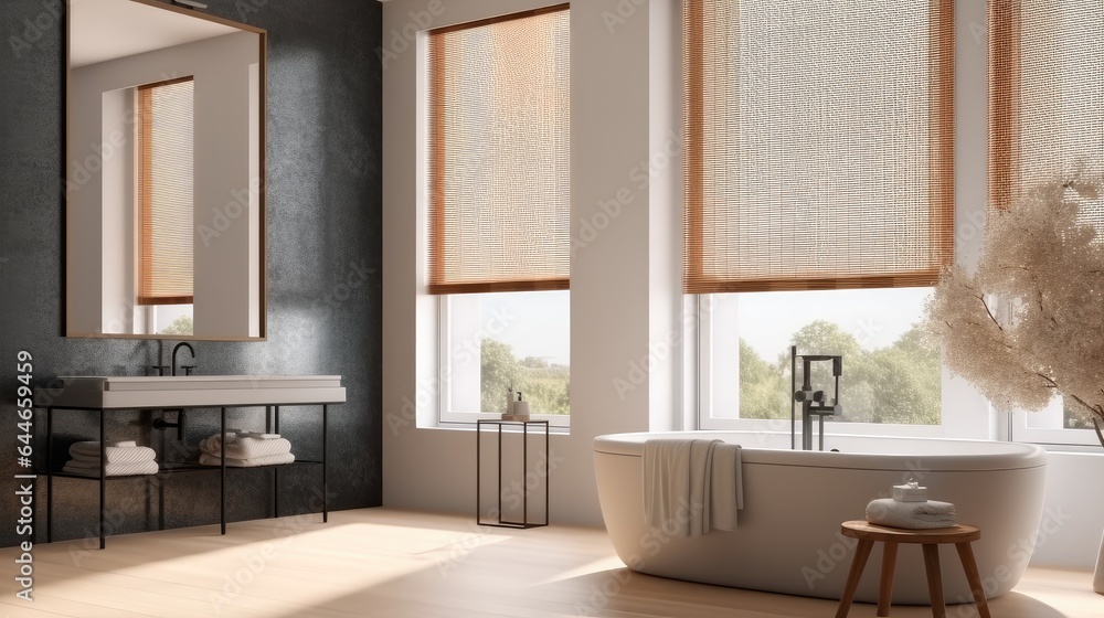 Bathroom interior with wash basin and tub in modern house.