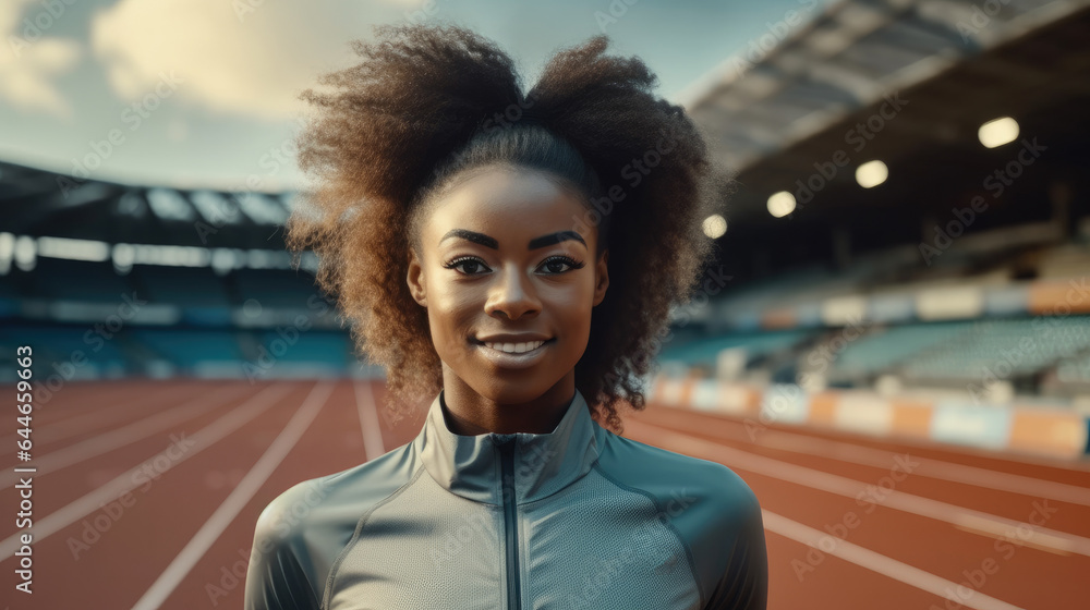 Young African American women in sport shirt are standing on track athletics stadium.