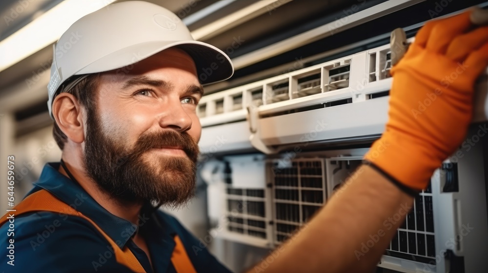 A hired worker repairman cleans and repairs the air conditioner.