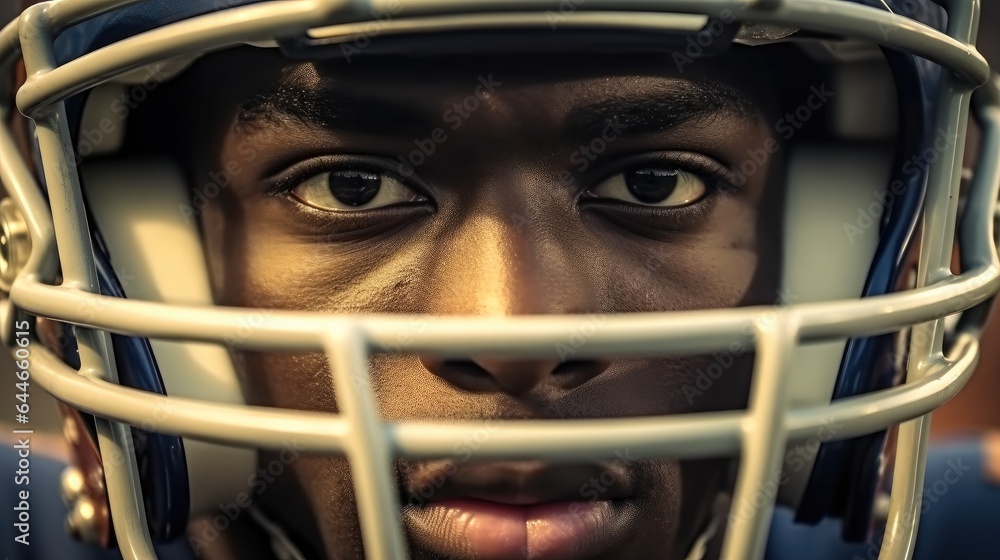 Portrait of young black African man in rugby helmet, American football player.