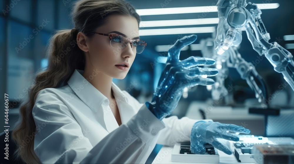 Woman Scientist Working in Technological Research and Development Company, Assembling Bionic Prosthe