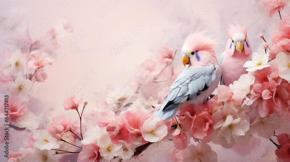 Exotic bird couple with flowers on pink