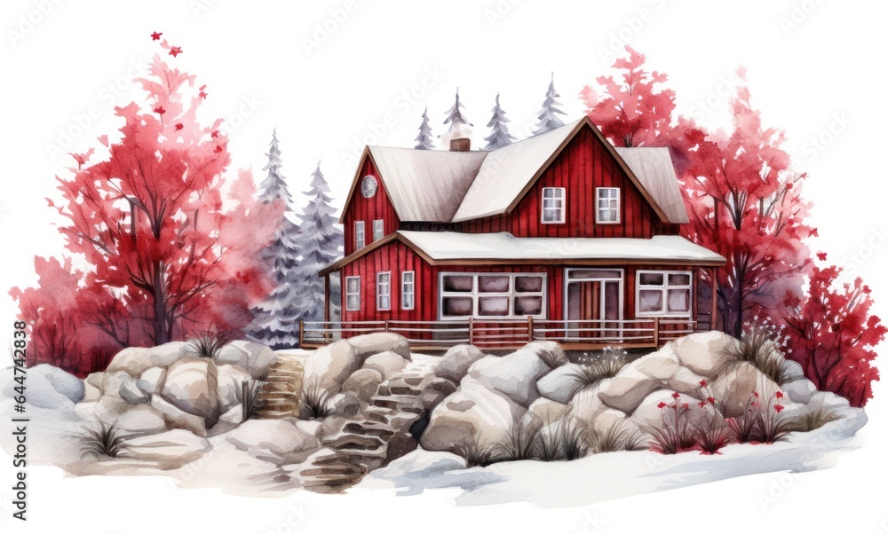 A watercolor illustration of a red farm house and pine trees