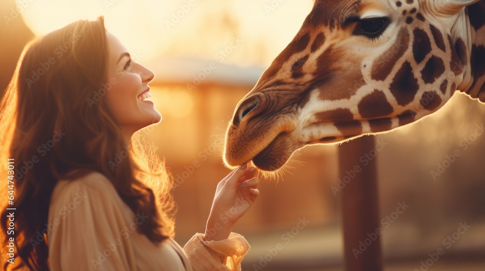 Happy young woman feeds giraffe